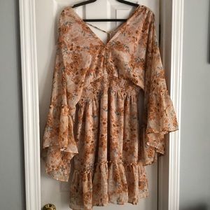 First Love Boutique Floral Print Bell Sleeve Cinched Waist Dress